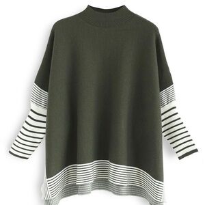 CHICWISH LIE IN OLIVE FIELDS STRIPED OVERSIZE KNIT CAPE SWEATER SIZE S/M